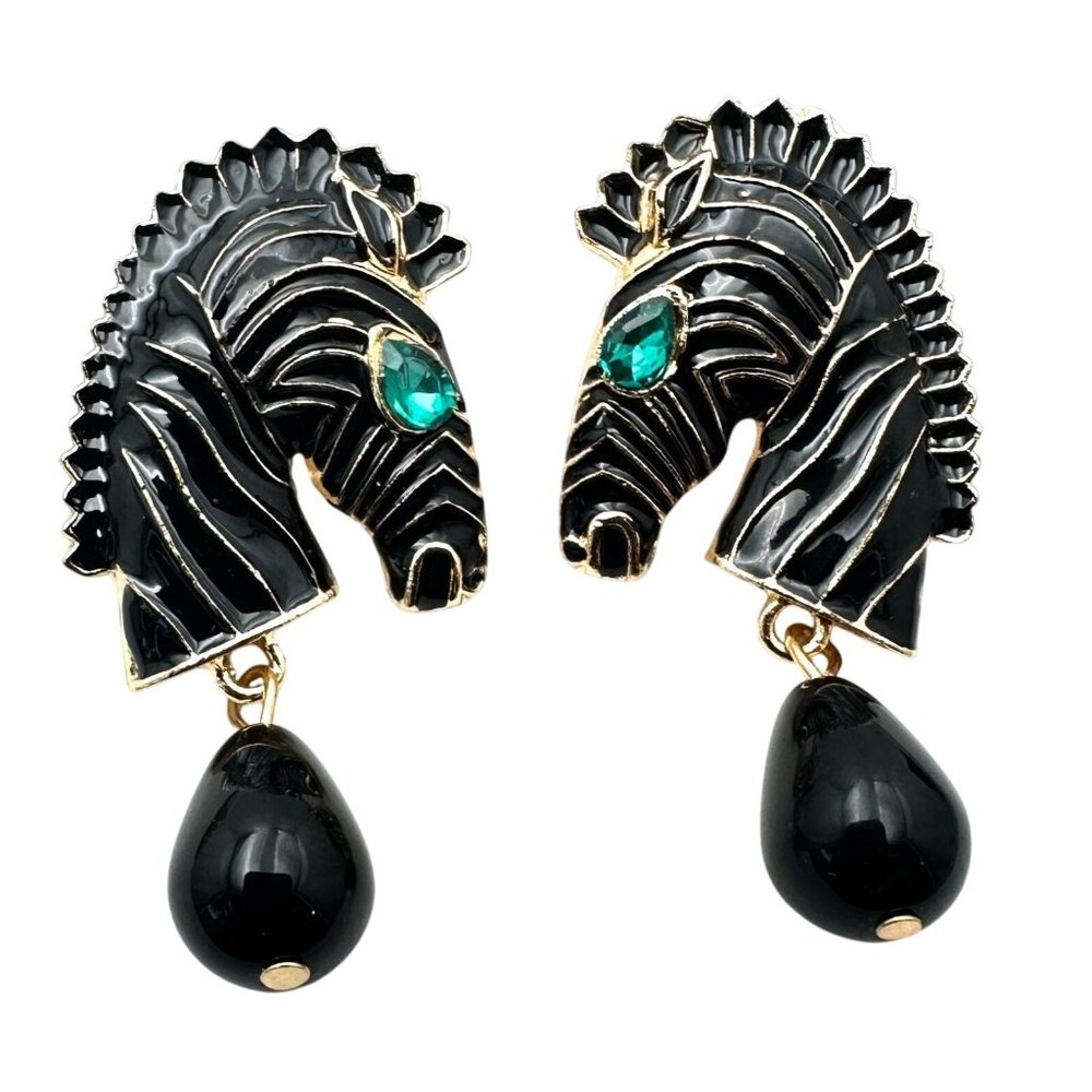 Womens Earrings Pierced Horse Black Enamel Green Rhinestone